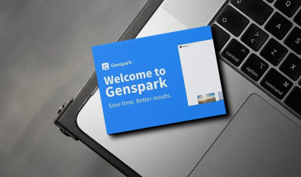 Blue Genspark welcome card resting on a laptop keyboard, showing the text 'Welcome to Genspark'