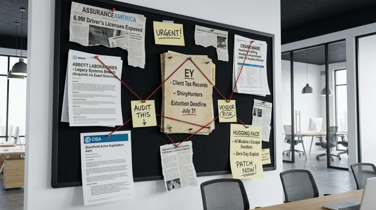 Black bulletin board in a modern tech office showing six July 2026 data breach reports with handwritten sticky notes: 'URGENT!', 'AUDIT THIS', 'VENDOR RISK', 'PATCH NOW!'