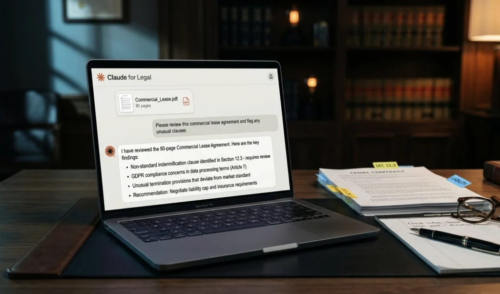 Open MacBook Pro on a desk showing a legal chat about a Commercial_Lease.pdf document on screen.