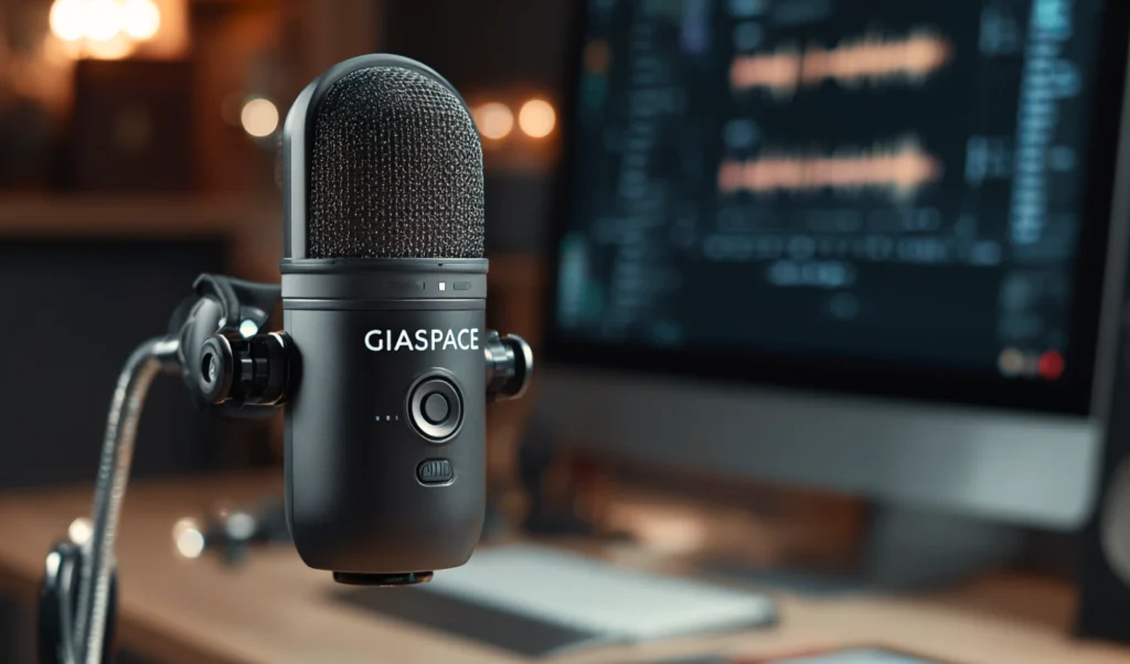 Close-up of a black studio microphone on an arm, with blurred monitor in the background. The mic shows the brand GIASPACE.