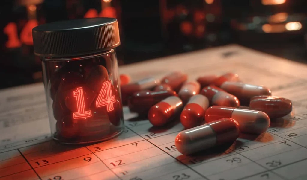 Pill bottle with a red neon '14' inside, surrounded by red-and-white capsules on a calendar under warm lighting