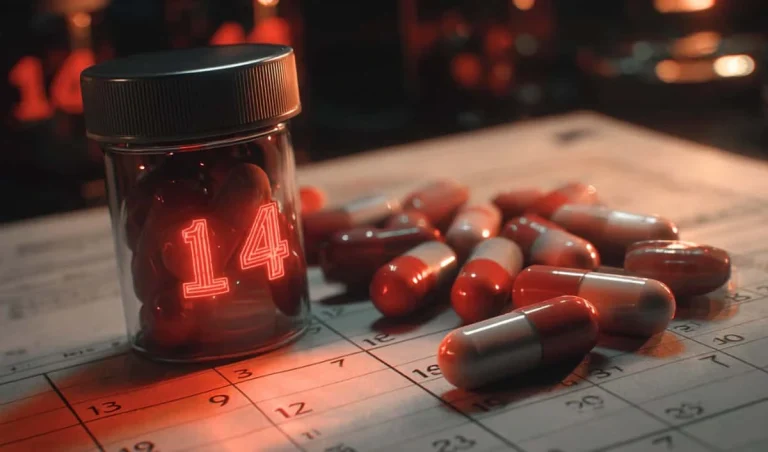 Pill bottle with a red neon '14' inside, surrounded by red-and-white capsules on a calendar under warm lighting
