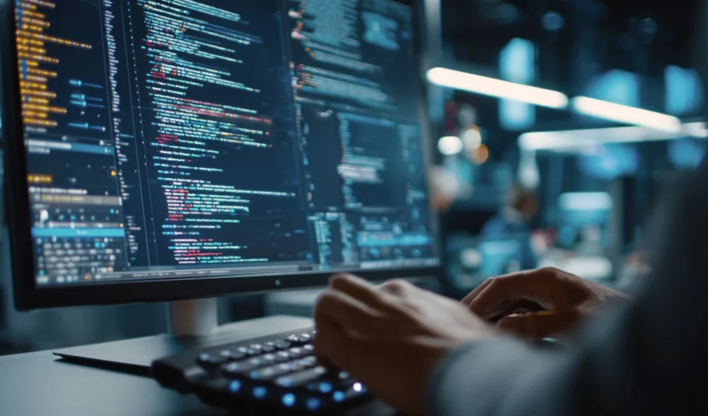 Close-up of hands typing on a keyboard with multiple monitors displaying colorful code.