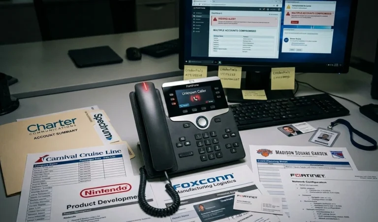 Desk setup with a FortiPhone VoIP phone, keyboard, and a monitor in the background; sticky notes and various company brochures and sheets are spread on the desk (Nintendo, Carnival Cruise Line, Foxconn).