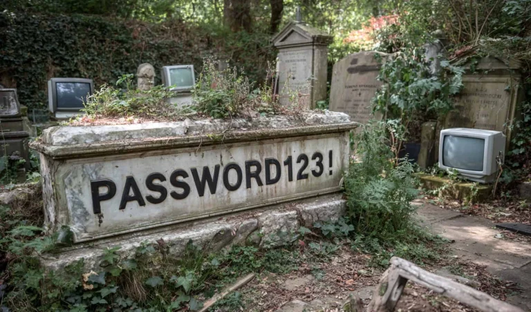 Overgrown graveyard with a large tomb inscribed 'PASSWORD123!' and old TVs scattered among vines.