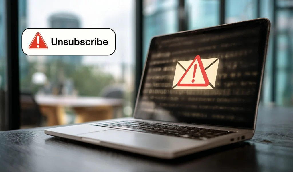 Badge-style alert: 'Unsubscribe' with a red warning triangle on the left, over a blurred background.