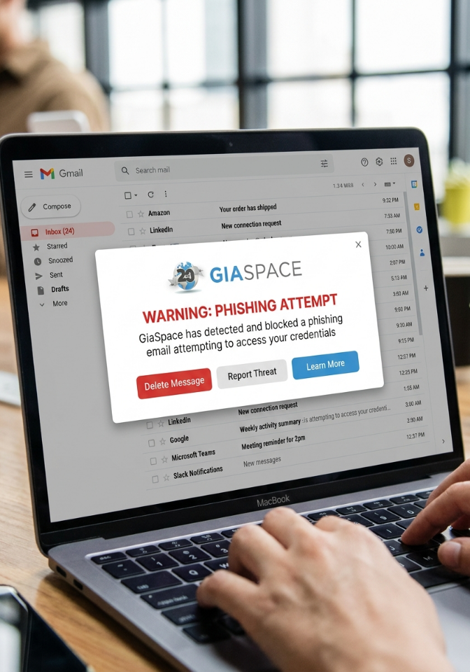 Laptop screen shows Gmail inbox with a phishing warning pop-up from GIA SPACE: 'WARNING: PHISHING ATTEMPT' and action buttons.