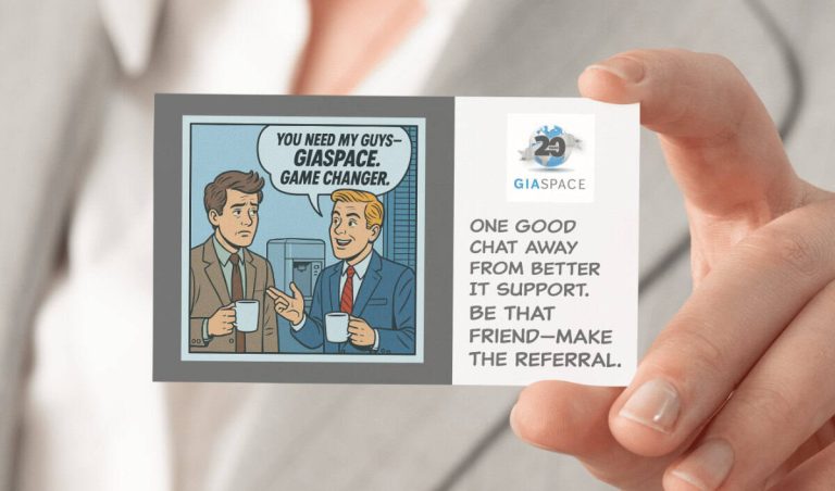 Comic-style card: two men chat over coffee; right panel shows GIASPACE branding and the referral message: 'One good chat away from better IT support'