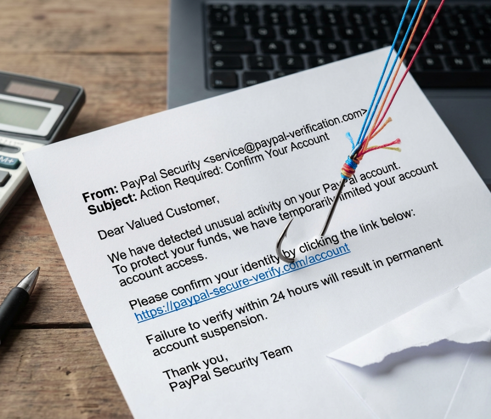 Phishing email claiming PayPal security action on a wooden desk, with glasses resting on the page and a pen nearby.