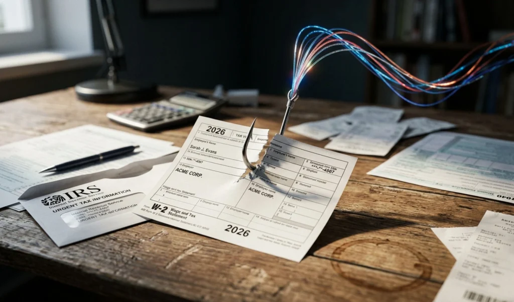 Tax documents spread on a wooden desk, including a 2026 calendar form and W-2 tax sheets.