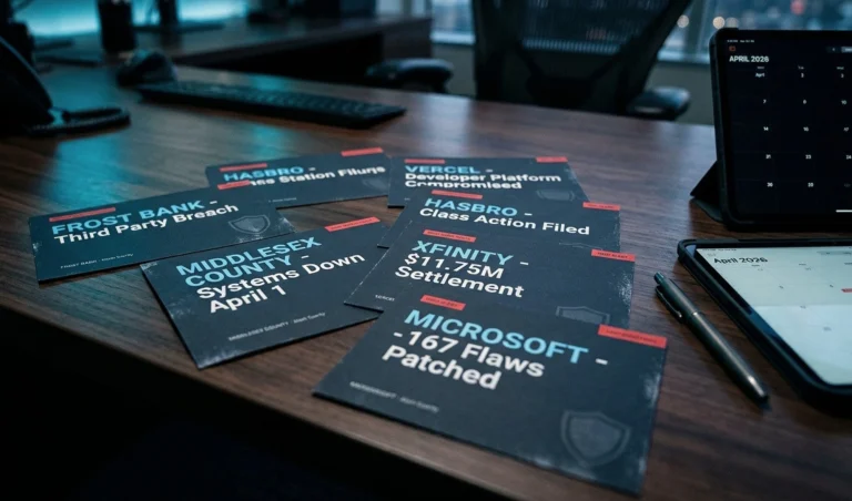 Collection of dark blue placards with bold white headlines (Hasbro, Frost Bank, Xfinity, Microsoft) laid out on a wooden desk, beside a tablet and calendar on the right.