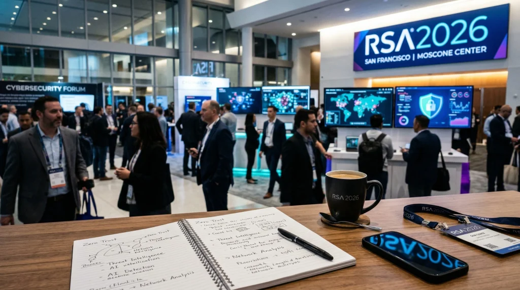 Crowded conference hall at RSA 2026, with a coffee mug and notebooks in the foreground and large screens showing security data in the background.