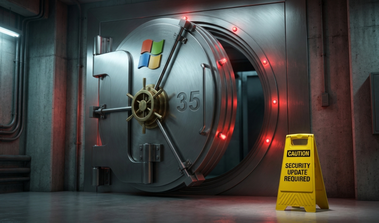 Industrial vault door with a large combination wheel, red indicator lights, and a yellow 'Security Update Required' caution sign nearby.