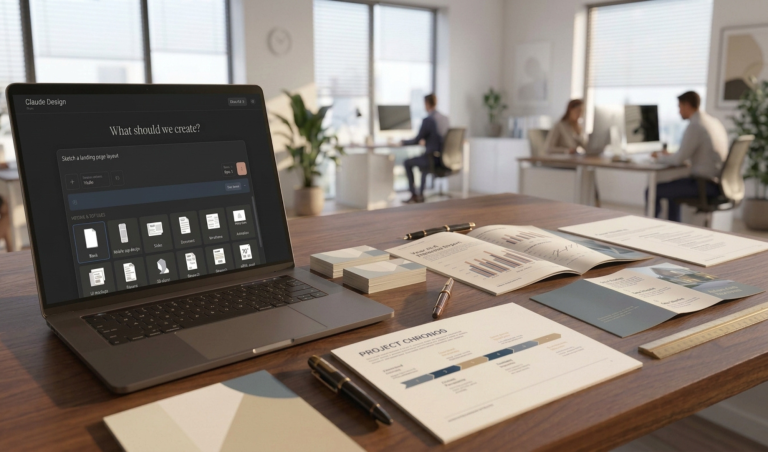 Laptop on a wooden desk displaying a design app screen; nearby are brochures, sheets, and pens in a bright office setting.