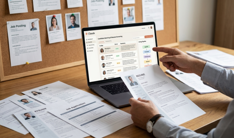 HR professional reviews resumes on a laptop screen showing a candidate screening dashboard, with paper resumes on a wooden desk.