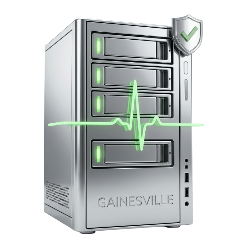 Server tower with three drive bays, a glowing green activity line, and a shield with a green checkmark indicating security.