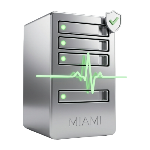Miami Every Minute of Downtime Kills Momentum - GiaSpace: IT Support & Cybersecurity for Florida Businesses Silver data server with four drive bays, a green heartbeat line crossing the front, a small shield with a checkmark, and the word MIAMI.