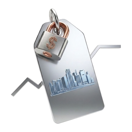Miami Scaling Should Not Come With Surprise Bills - GiaSpace: IT Support & Cybersecurity for Florida Businesses Security concept: a metallic tag with a padlock and a city skyline emblem, symbolizing financial protection or data security.