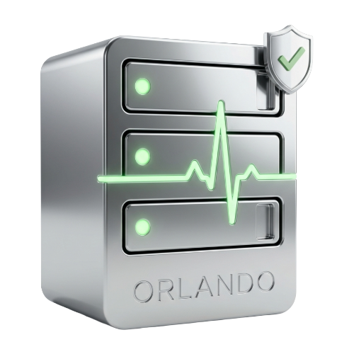 Silver server tower with three drive bays, a green heartbeat line signaling healthy performance, and a shield with a checkmark (Orlando) for security.