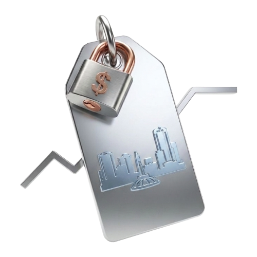 Security tag with a padlock and dollar symbol over a city skyline, symbolizing financial data protection