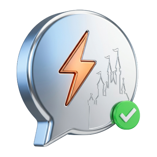 Chat bubble icon featuring an orange lightning bolt and a green verification badge, suggesting approved fast support
