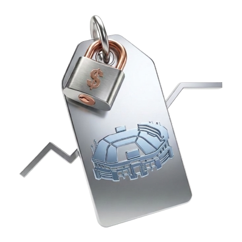Metal security tag featuring a padlock over a blueprint-style stadium icon, symbolizing protection of the venue asset