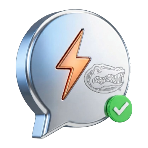 Silver chat bubble icon with an orange lightning bolt and a crocodile emblem, featuring a green verified checkmark.