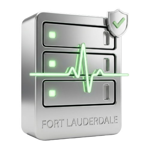 Fort Lauderdale Every Minute of Downtime Kills Momentum - GiaSpace: IT Support & Cybersecurity for Florida Businesses Three-tier metallic server unit with a green heartbeat line and shield check icon; Fort Lauderdale text on the base.