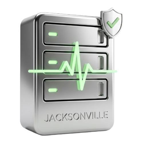 Jacksonville Every Minute of Downtime Kills Momentum - GiaSpace: IT Support & Cybersecurity for Florida Businesses Three-drawer metal server unit with a neon green heartbeat line and Jacksonville engraving at the base, plus a shield with a checkmark.