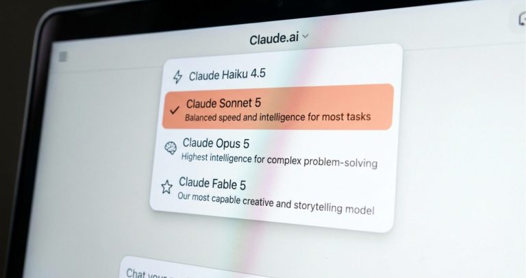 Screenshot of Claude.ai model picker showing Claude Sonnet 5 selected (orange highlight) with Haiku 4.5, Opus 5, and Fable 5 listed below.