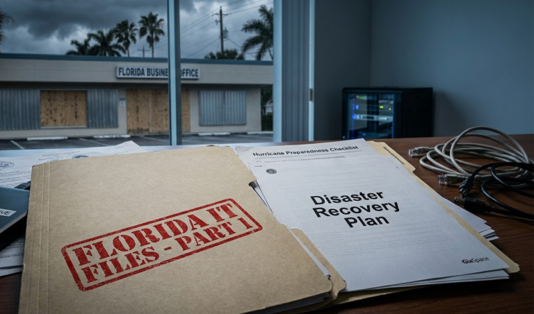 Desk clutter with disaster recovery plan documents and an 'Out of Service/Boarded' file labeled 'Florida Files' amid cables and office gear, outside visible through a window with boarded business Office sign in stormy backdrop.