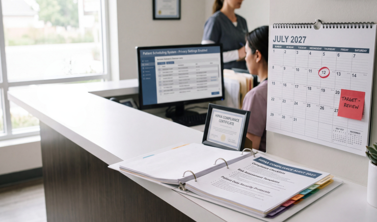 Reception desk with a large July 2027 wall calendar and a pink sticky note reading 'Target - Review' in view of a medical office.