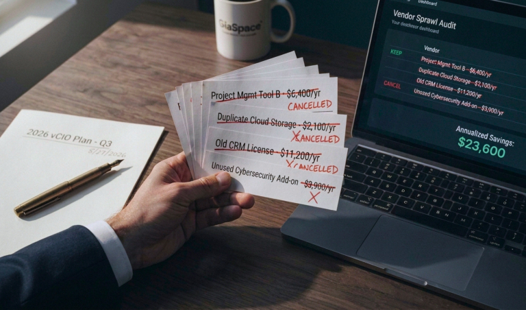 Person holds a fan of white expense cards stamped CANCELLED, beside a laptop displaying a vendor audit; notebook and pen nearby.