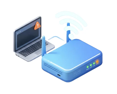 Blue Wi-Fi router with Laptop