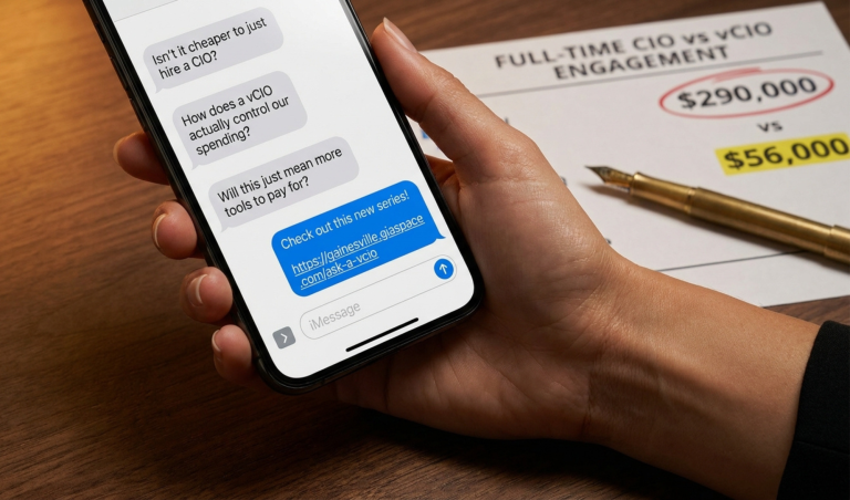 Hand holding a phone showing CIO-hiring text messages; a desk document behind lists 'Full-Time CIO Engagement' with the red circled $290,000 value.