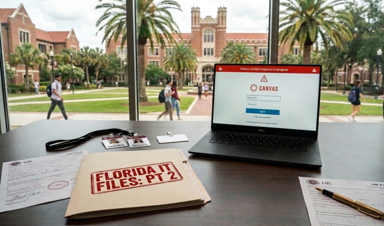 Desk workspace with a laptop showing a Canvas login screen and folders labeled 'Florida IT Files' on a campus courtyard outside the window.