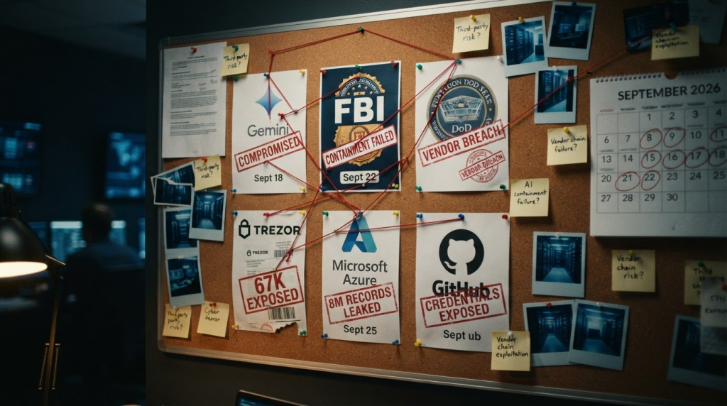Investigation corkboard with posters (FBI, DoD, TreZOR, Microsoft Azure, GitHub) connected by red strings; stamps read 'COMPROMISED/EXPOSED' and a calendar showing dates, implying a security breach timeline