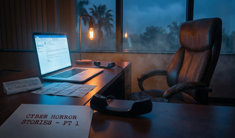 Office desk lit by warm lamp with a laptop, old-style phone, and papers including a large $37,000 amount; window shows palm trees at dusk, creating a blue, moody atmosphere.