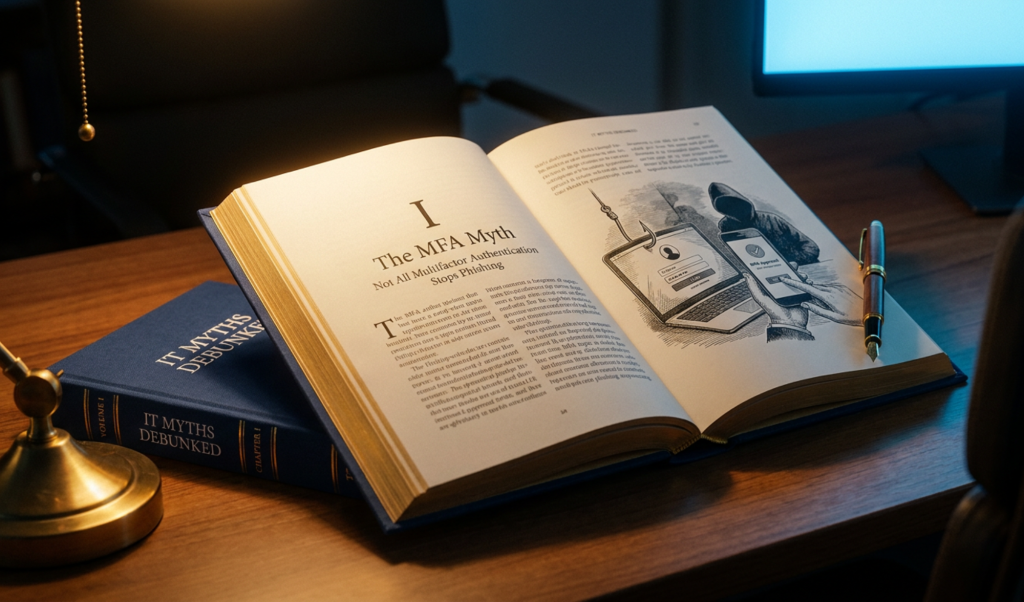 Open hardcover book on a wooden desk showing the chapter title 'The MFA Myth' with a vintage illustration on the right page, lit by warm desk light.
