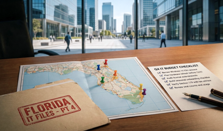 Desk with a road map of Florida pinned with color pins and a Q4 IT budget checklist beside a stamped Florida files envelope on a wooden table, overlooking a modern cityscape.