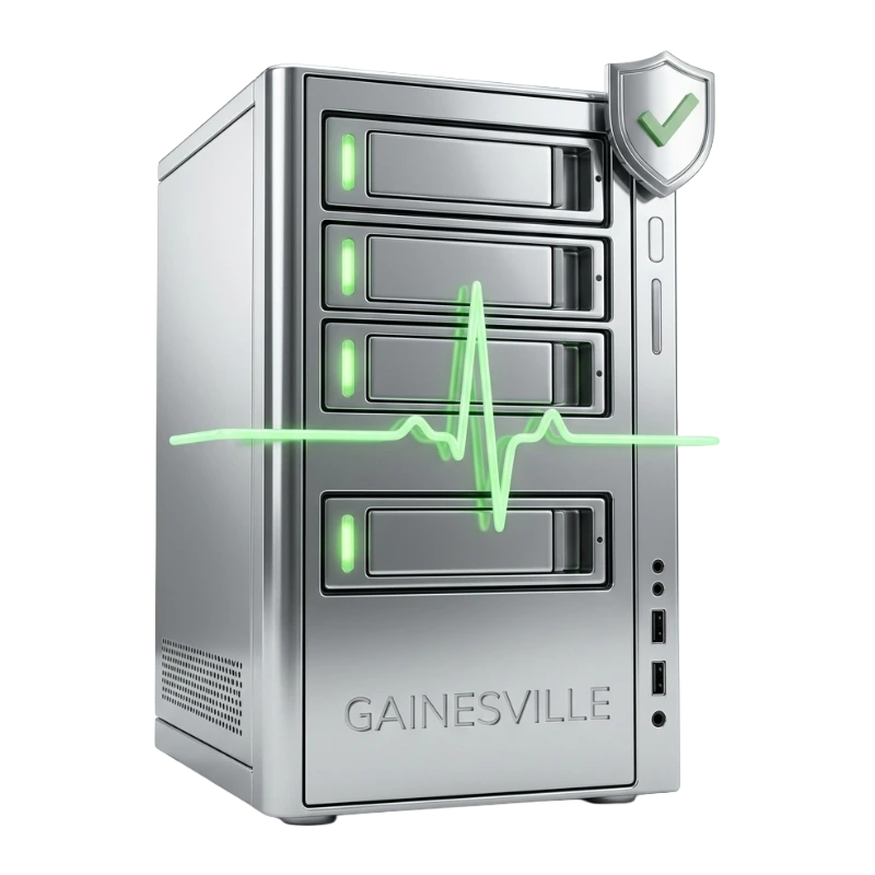 Server tower with three drive bays, a glowing green activity line, and a shield with a green checkmark indicating security.