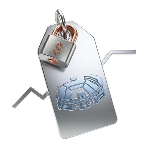 Metal security tag featuring a padlock over a blueprint-style stadium icon, symbolizing protection of the venue asset