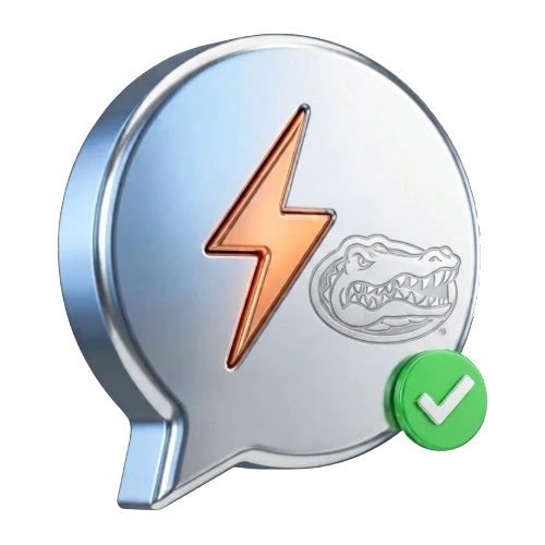 Silver chat bubble icon with an orange lightning bolt and a crocodile emblem, featuring a green verified checkmark.