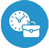 Blue circular icon showing a clock overlapping a briefcase, symbolizing time management or business hours.