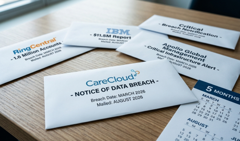 White envelopes laid on a wooden desk displaying breach-notice headlines (CareCloud, IBM, Apollo) regarding data breaches and dates on each card.