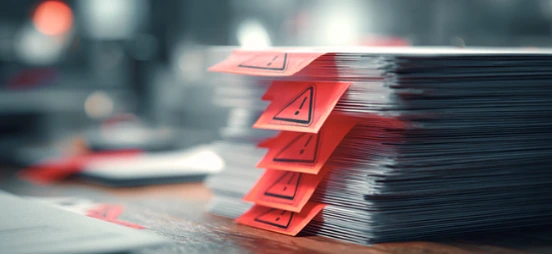 Stack of Red Caution Tags Clipped To Documents