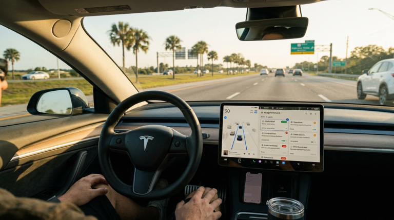 Tesla interior: steering wheel and large central touchscreen displaying car status on a highway. - Driver hands visible, palm trees and other cars outside the windshield.