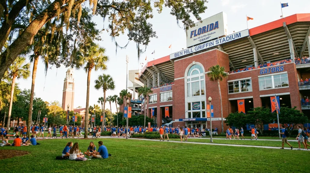 Students in blue and orange walk past Ben Hill Griffin Stadium on the University of Florida campus, with palm trees and banners nearby on a sunny day.