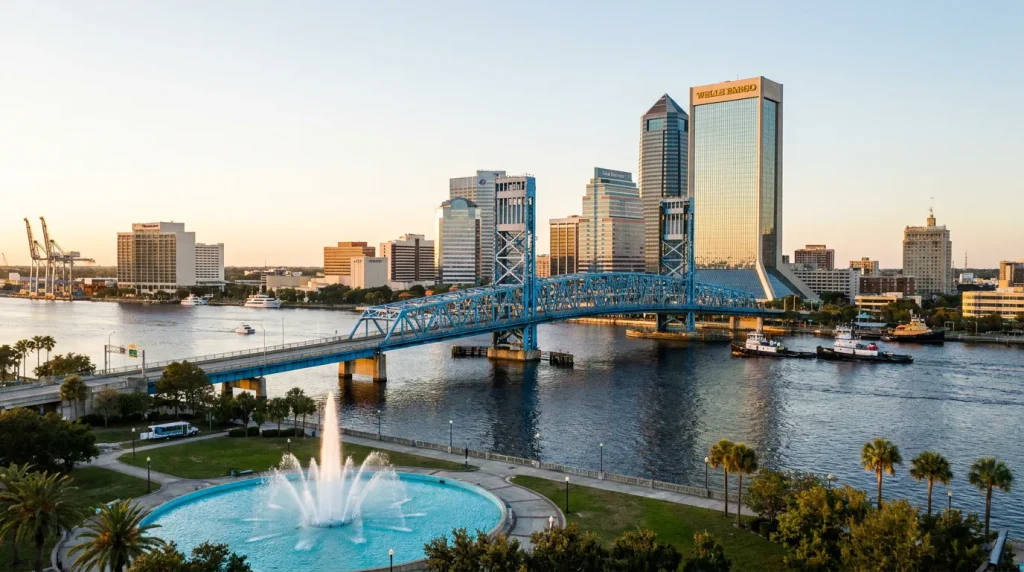 Downtown Jacksonville skyline and riverfront at sunset