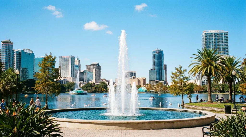 Lake Eola fountain and the downtown Orlando skyline